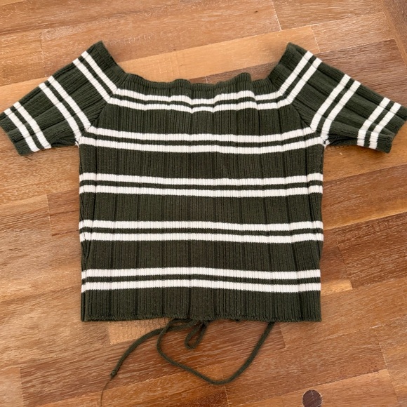 Active USA Olive Green & White Striped Off-Shoulder Knit Top - Picture 4 of 4